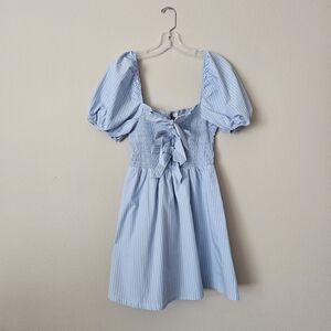 H&M Light Blue Pinstripe Mini Dress with Puff Sleeves